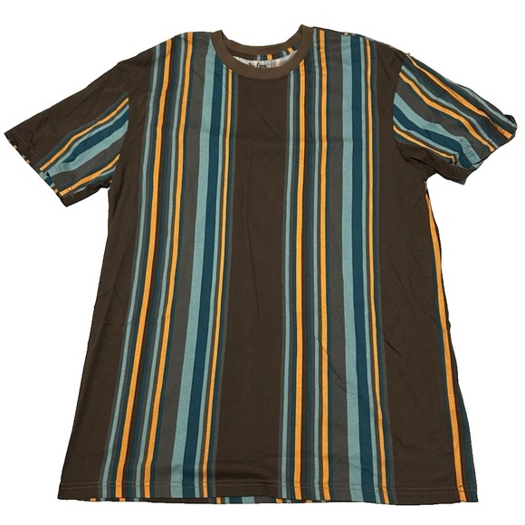 Other - Pac Cares Men's Large Striped T-Shirt Brown Teal Mustard Short Sleeve Casual